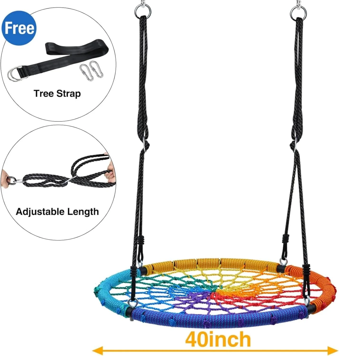 تاب بازی عنکبوتی بزرگ 40 اینچی AM ANNA، تاب بازی بشقابی عنکبوتی با قاب فولادی با تحمل وزن 250 کیلوگرم، ضد آب، طناب قابل تنظیم و 2 کارابین برای تفریح بی وقفه کودکان