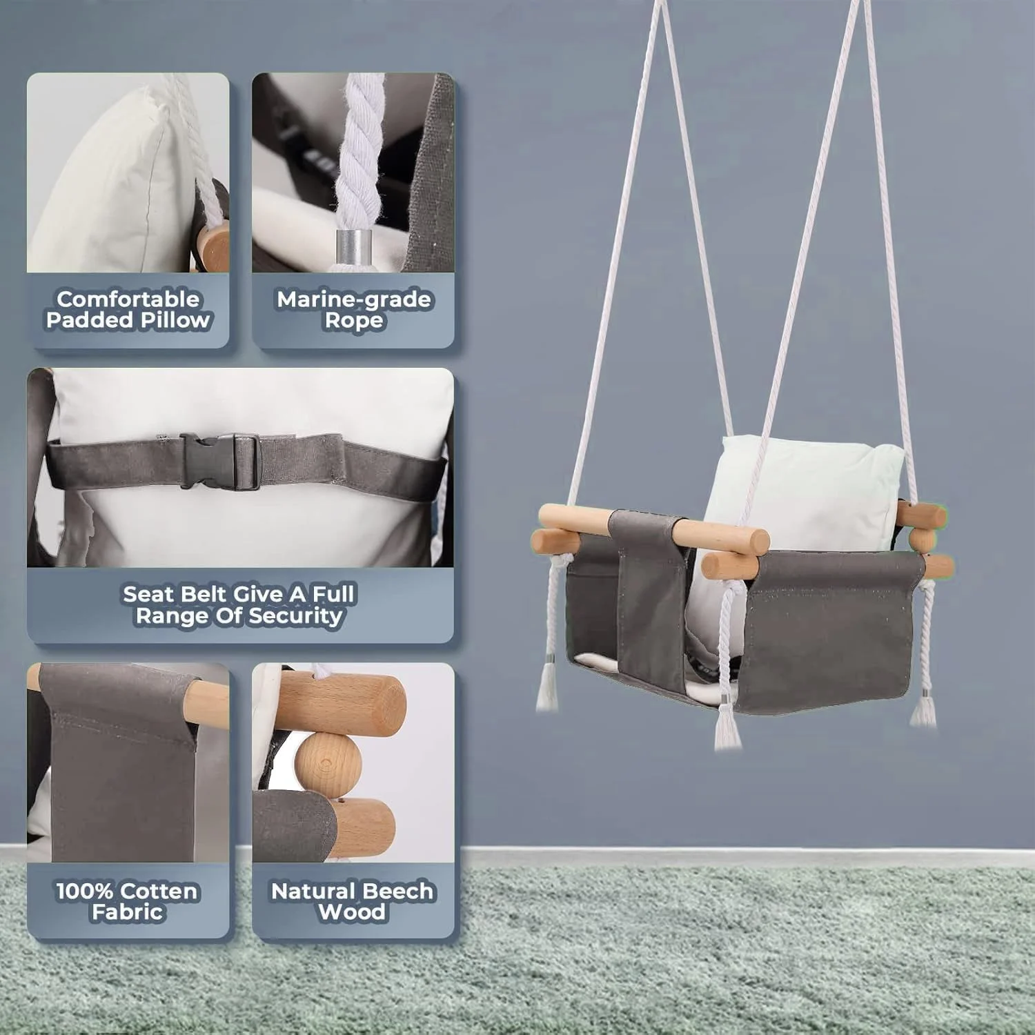 تاب نوزاد با پایه، مجموعه تاب بوم ایمن نوزاد، تاب آویز چوبی نوزاد برای نوزاد، صندلی تاب کودک نوپا، مهار ایمنی قابل تنظیم، مجموعه تاب سرپوشیده در فضای باز با صندلی کوسن بوم