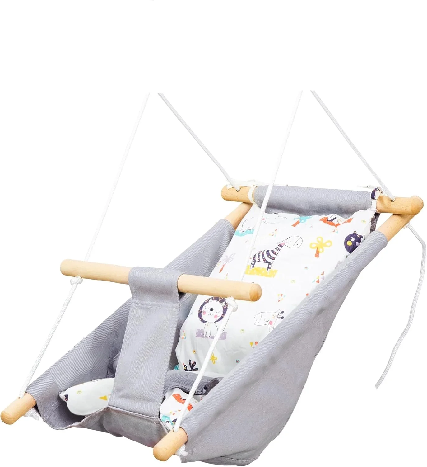 تاب بازی کودک نوپا، تاب آویز گهواره ای کودک، مناسب فضای داخلی و خارجی، به همراه کمربند ایمنی و لوازم نصب، صندلی تاب چوبی (خاکستری 2)