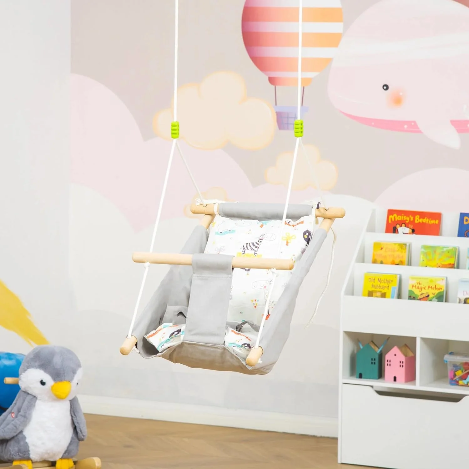 تاب بازی کودک نوپا، تاب آویز گهواره ای کودک، مناسب فضای داخلی و خارجی، به همراه کمربند ایمنی و لوازم نصب، صندلی تاب چوبی (خاکستری 2)