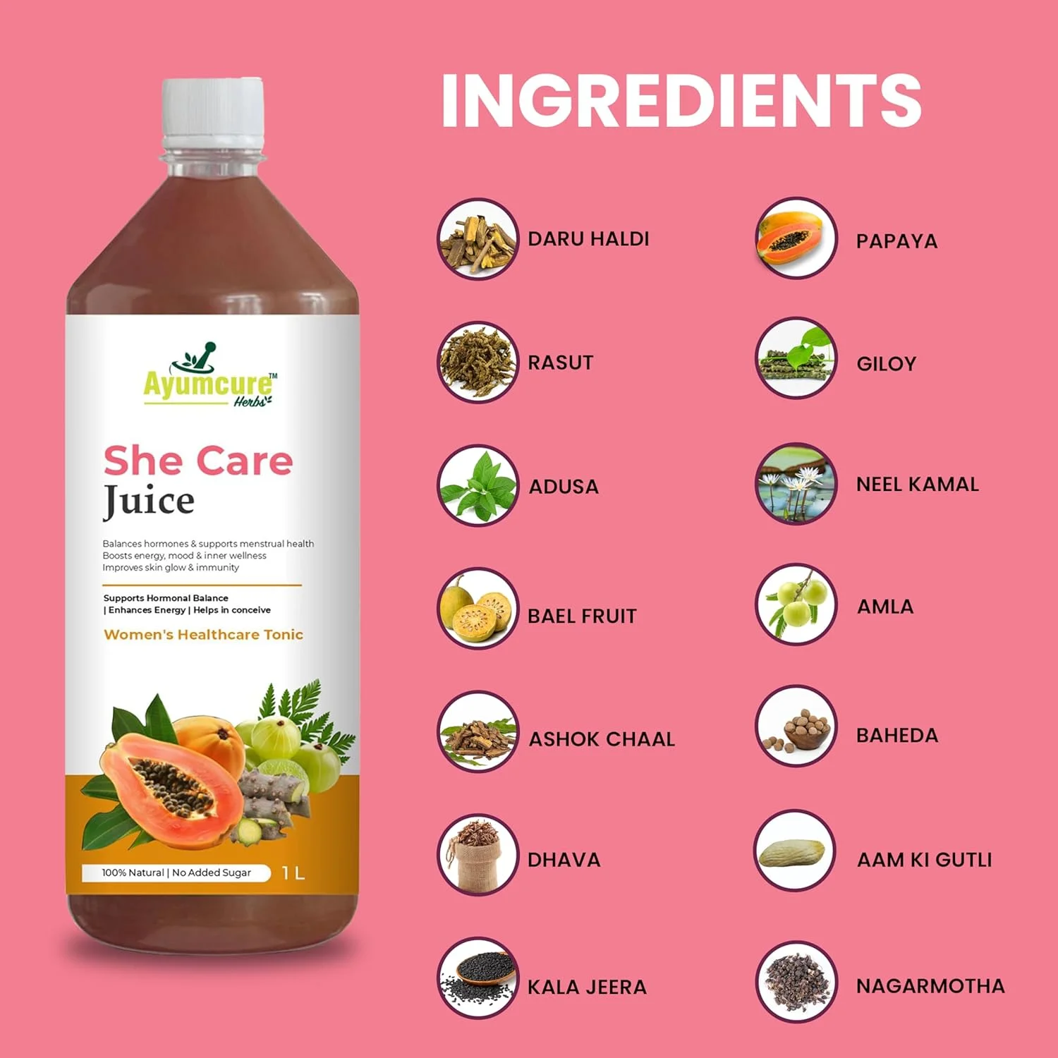 نوشیدنی مراقبت بانوان | پشتیبانی از تعادل هورمونی، تسکین PCOS/PCOD و تنظیم چرخه‌های قاعدگی | حاوی آشوک چال، پاپایا، داروهالدی، بل کا فال، آملا، گیلو و گیاهان دارویی | بدون شکر افزوده | 1 لیتر