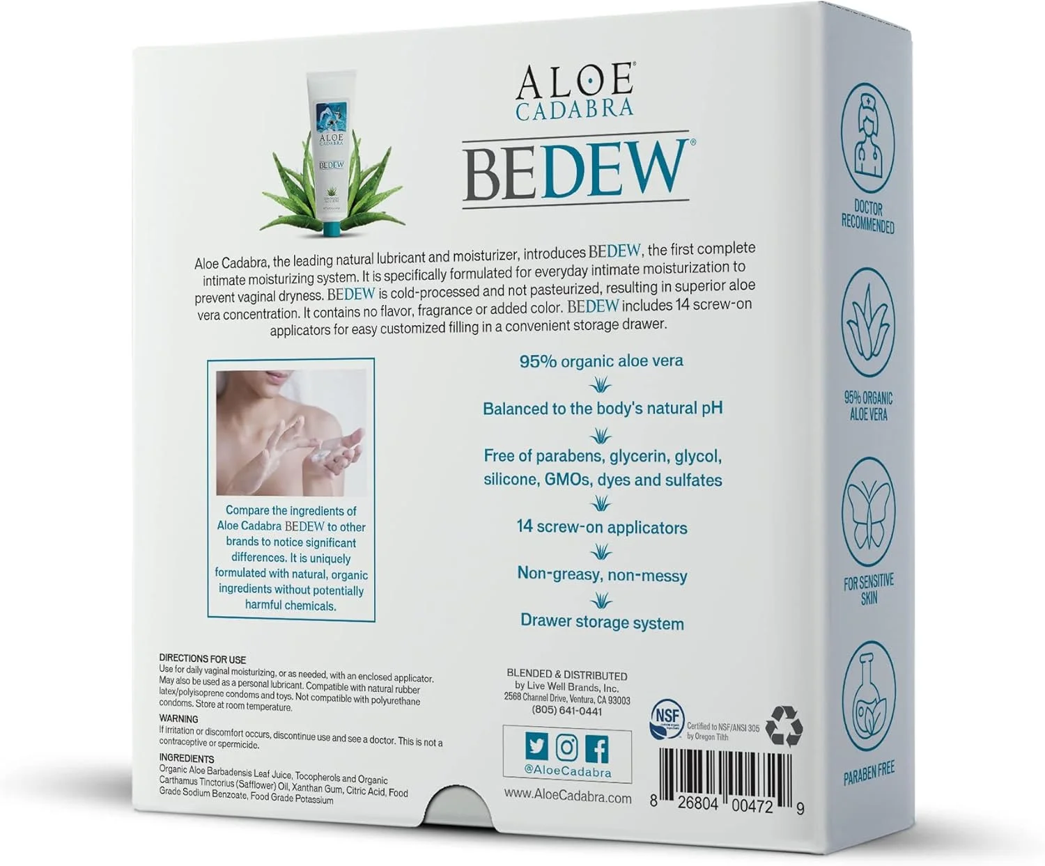 آلوئه کادابرا BEDEW مرطوب کننده ارگانیک | فاقد دارو، فاقد هورمون | تسکین دهنده خشکی، یائسگی، ماندگاری طولانی، متعادل کننده pH و مواد کاملا طبیعی، 14 اپلیکاتور پیچی، 85 میلی لیتر