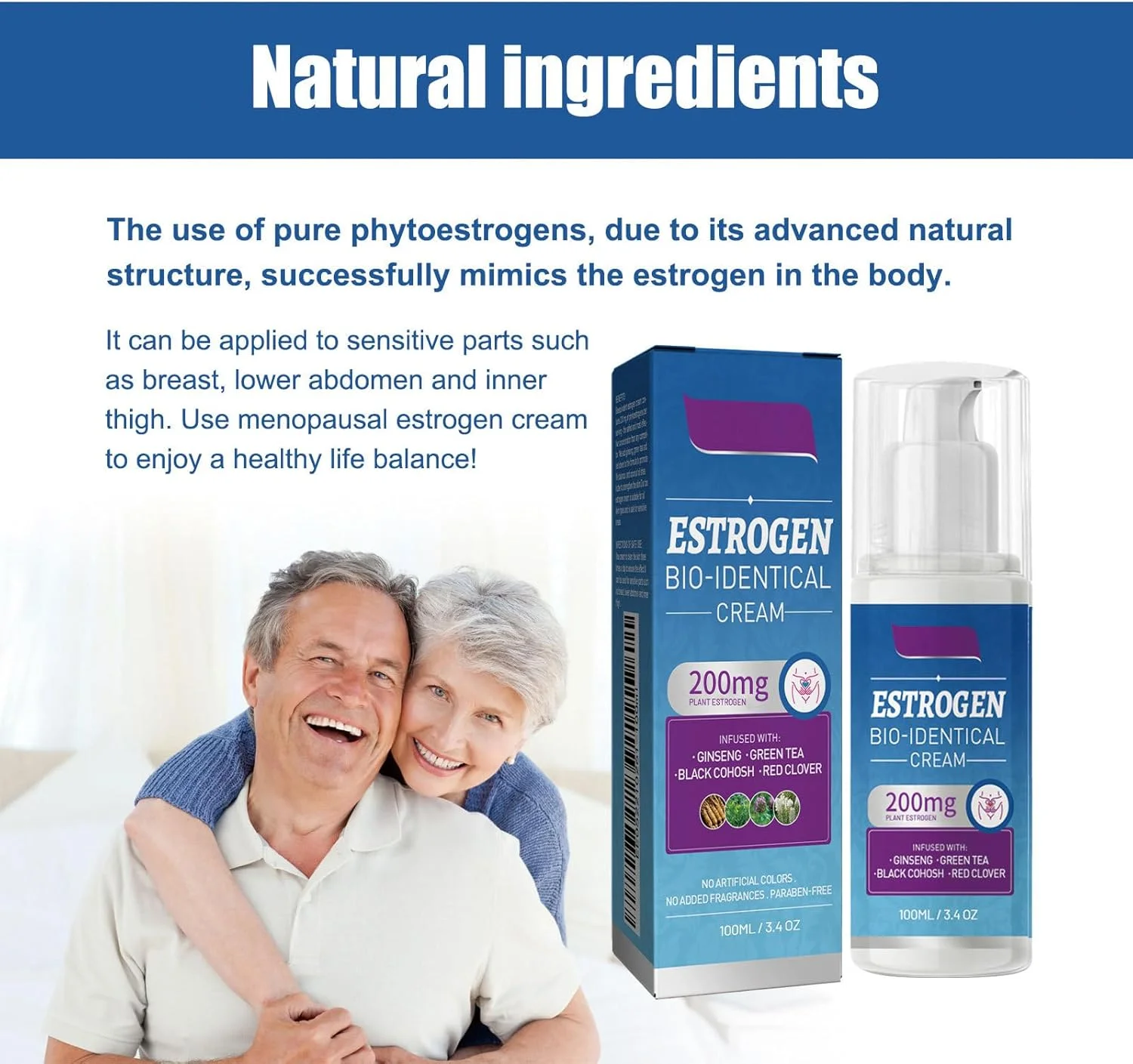 کرم بیو آیدنتیکال استروژن - تسکین طبیعی دوران یائسگی با شبدر قرمز، کوهوش سیاه و غیره. بازیابی تعادل هورمونی، افزایش انرژی، بهبود سلامت پوست و مبارزه با استرس و اضطراب به طور ایمن و موثر