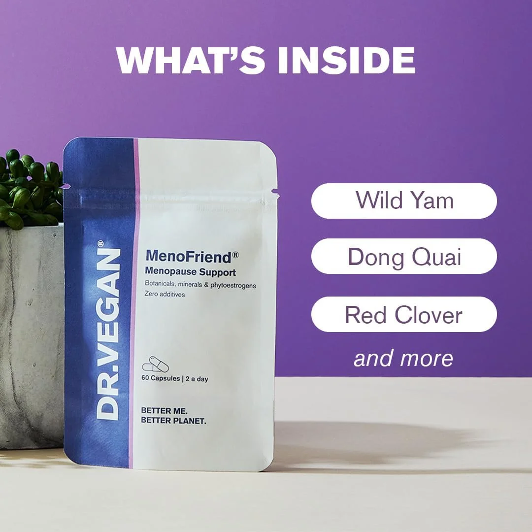 دکتر ویگن منو فرند | پشتیبانی از دوران یائسگی، تسکین علائم رایج | 60 کپسول | دو عدد در روز | گیاهان دارویی، ویتامین ها و مواد معدنی شامل یم وحشی 500 میلی گرم، ریشه قاصدک 200 میلی گرم، ماش 130 میلی گرم