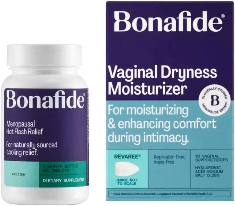 محصول Bonafide Relizen + Revaree - تسکین بدون هورمون برای گرگرفتگی و تعریق شبانه در دوران یائسگی * + مرطوب کننده با اسید هیالورونیک - بسته یک ماهه سفید