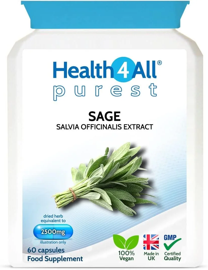 کپسول های مریم گلی قوی Health4All، ۲۵۰۰ میلی گرم، ۶۰ عدد (مناسب گیاهخواران). عصاره برگ مریم گلی برای گرگرفتگی، تعریق شبانه و علائم دوران یائسگی. مکمل مریم گلی گیاهی