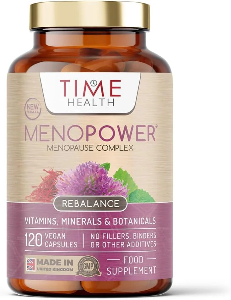کمپلکس دوران یائسگی Time Health MenoPower® - منیزیم، شبدر قرمز، زعفران، شنبلیله، بادرنجبویه، آشواگاندا، فولات، B12 - مکمل ساخت انگلستان - بدون هیچ گونه افزودنی (بطری 120 کپسولی)