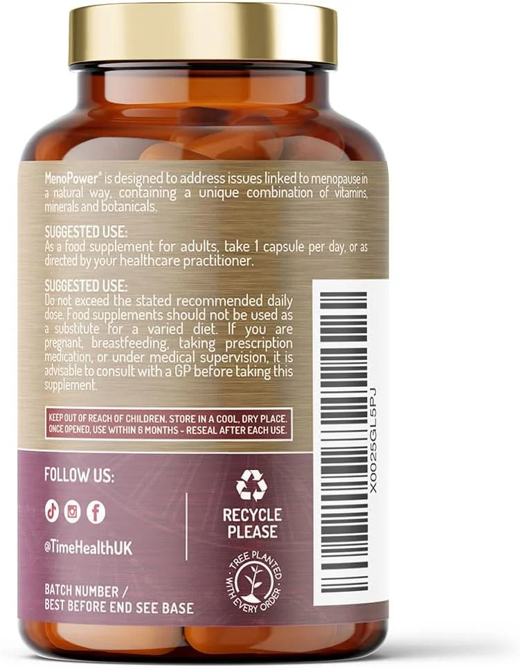 کمپلکس دوران یائسگی Time Health MenoPower® - منیزیم، شبدر قرمز، زعفران، شنبلیله، بادرنجبویه، آشواگاندا، فولات، B12 - مکمل ساخت انگلستان - بدون هیچ گونه افزودنی (بطری 120 کپسولی)