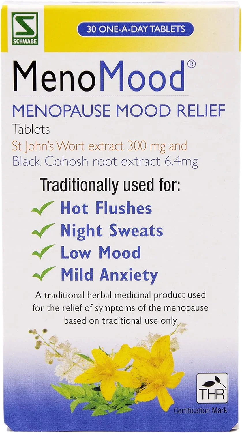 Schwabe Pharma - MenoMood - تسکین دهنده حالات ناشی از یائسگی - عصاره علف چای و کوهوش سیاه - به طور سنتی برای گرگرفتگی، تعریق شبانه، خلق و خوی پایین، اضطراب خفیف استفاده می شود - 30 قرص