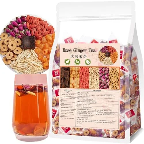 دمنوش زنجبیل گل رز برای دوران یائسگی - 20 عدد چای زنجبیل شکر قهوه ای چینی، گل رز، خرما قرمز، حبه قند قهوه ای، عناب، بهبود خواب (400 گرم)