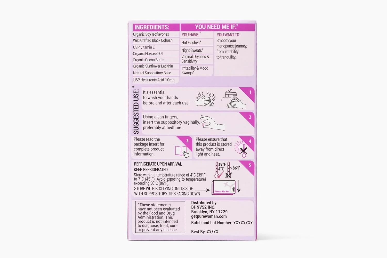 تسکین دوران یائسگی Pure Woman Pause-Me-Not | شیاف ها - | مرطوب کننده برای زنان یائسه - ویتامین E و اسید هیالورونیک | شیاف برای خشکی، گرگرفتگی و تعریق شبانه