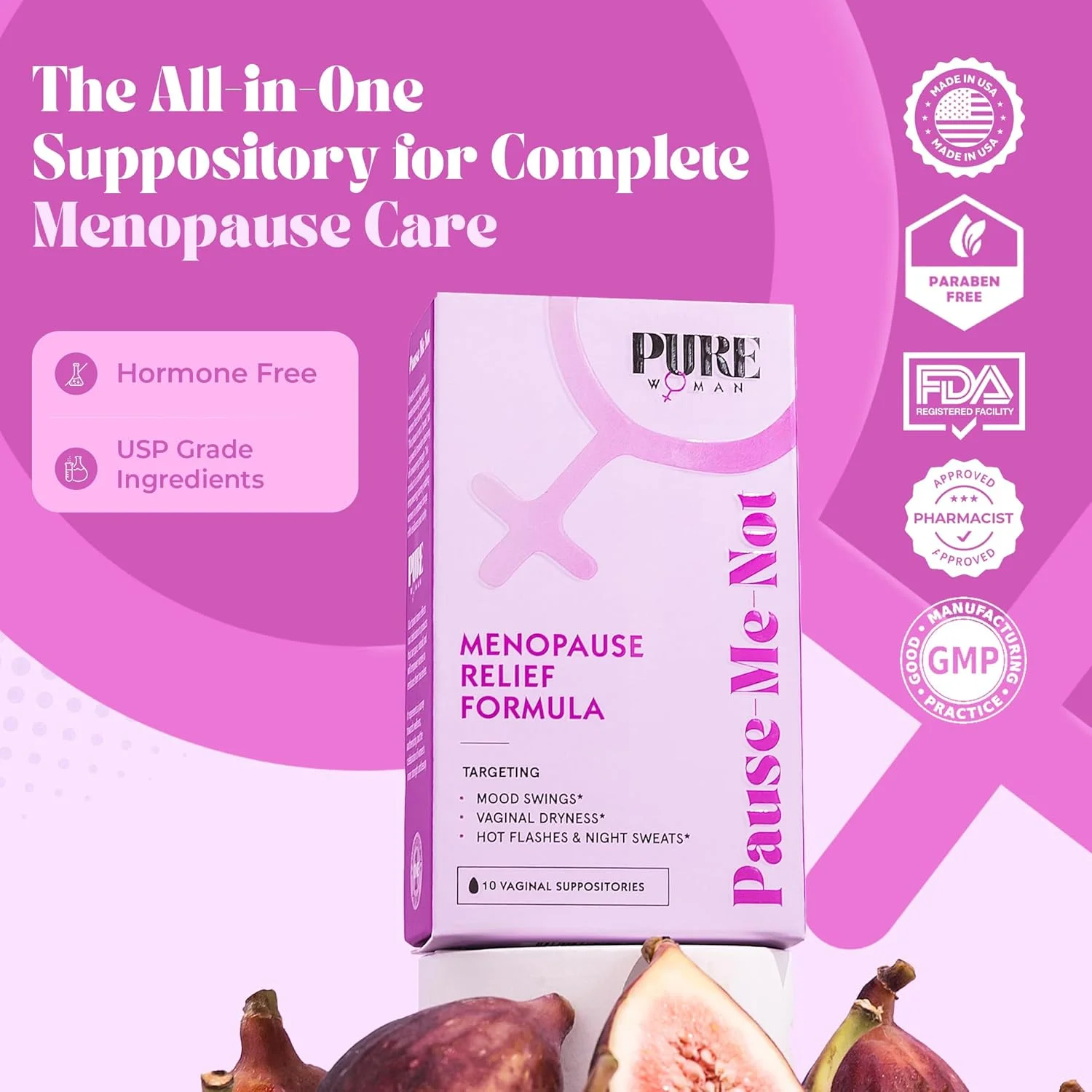 تسکین دوران یائسگی Pure Woman Pause-Me-Not | شیاف ها - | مرطوب کننده برای زنان یائسه - ویتامین E و اسید هیالورونیک | شیاف برای خشکی، گرگرفتگی و تعریق شبانه