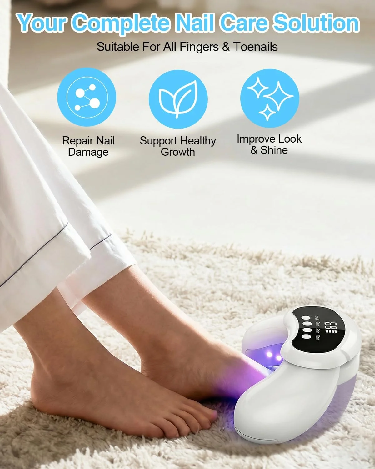 دستگاه لیزر قارچ ناخن، نور مادون قرمز 905 نانومتر + نور آبی 470 نانومتر، درمان لیزری ضد قارچ، تایمر 3/5/10 دقیقه، برای چندین ناخن پا و ناخن دست، برای ناخن های ضخیم، شکننده و سفید تغییر رنگ داده