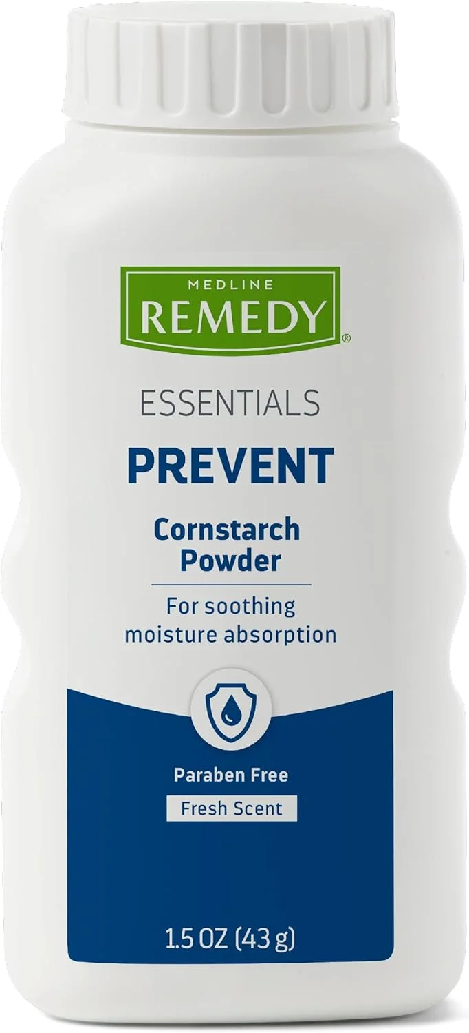 پودر نشاسته ذرت Medline Remedy Essentials (بطری 42 گرمی)، با رایحه تازه، بدون تالک، سایز مسافرتی، مراقبت از پوست، جذب کننده عرق، تسکین دهنده، کاهش اصطکاک و ساییدگی، برای بزرگسالان، پاها، کشاله ران