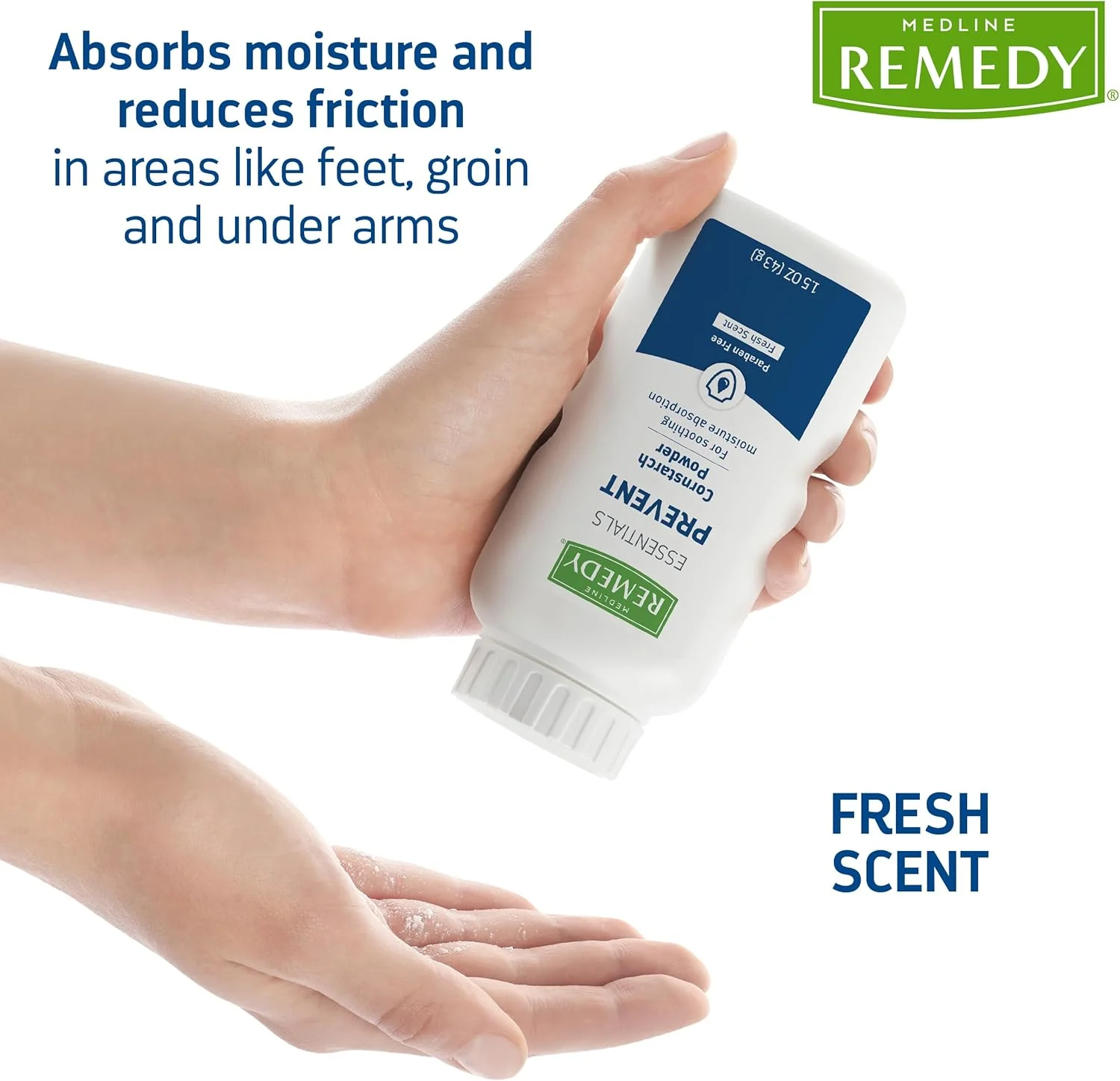 پودر نشاسته ذرت Medline Remedy Essentials (بطری 42 گرمی)، با رایحه تازه، بدون تالک، سایز مسافرتی، مراقبت از پوست، جذب کننده عرق، تسکین دهنده، کاهش اصطکاک و ساییدگی، برای بزرگسالان، پاها، کشاله ران