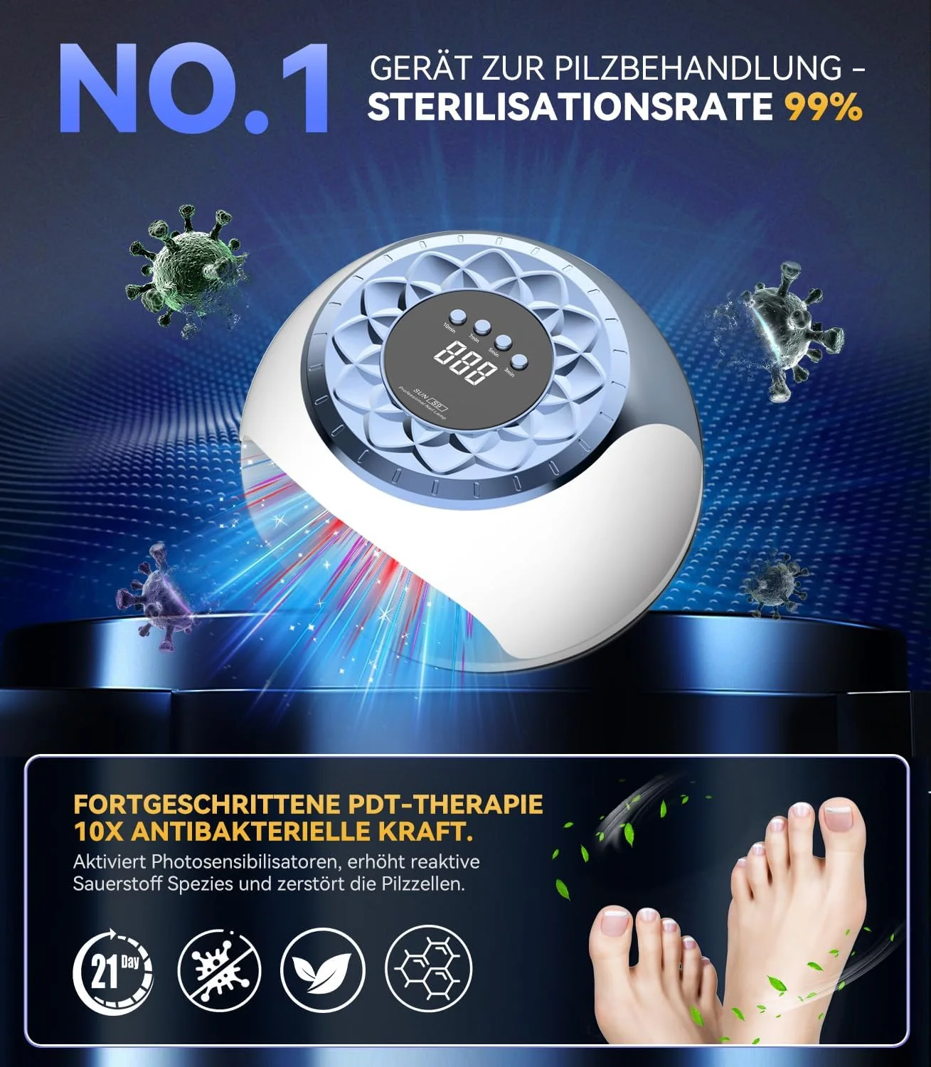 دستگاه لیزر درمان قارچ ناخن 【عملکرد سریع 21 روزه】 لیزر ضد قارچ 【کنترل دقیق چند زمانه 10/7/5/3 دقیقه】 نور مادون قرمز 950 نانومتری تقویت شده + نور آبی 500 نانومتری، 57 مهره نوری کاملاً درخشان (آبی)