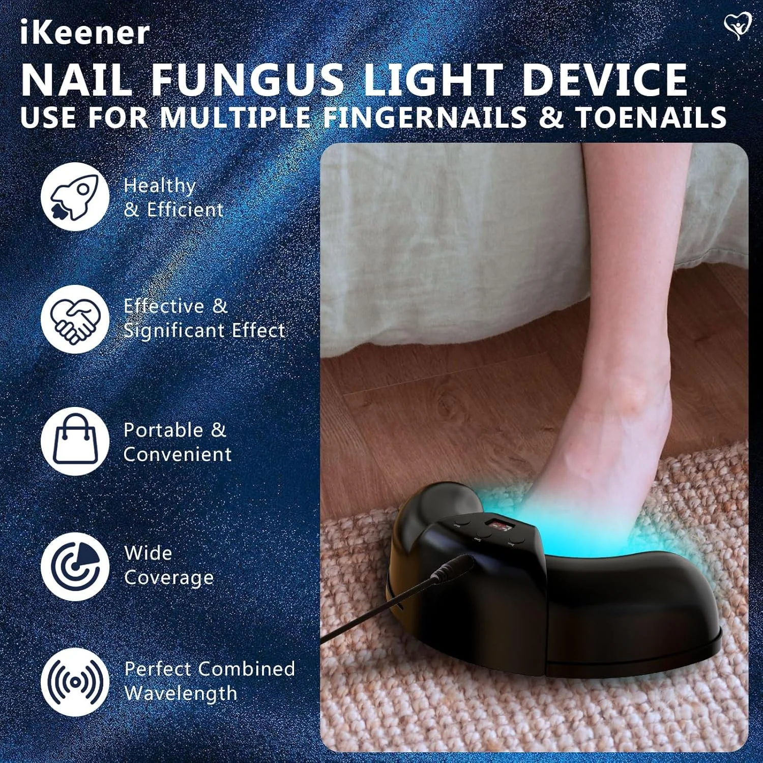 دستگاه نوردرمانی قارچ ناخن iKeener با جلسات قابل تنظیم 3، 5 و 10 دقیقه ای، درمان چندین انگشت پا و دارای 12 عدد چراغ 470 نانومتری و 6 عدد چراغ 910 نانومتری