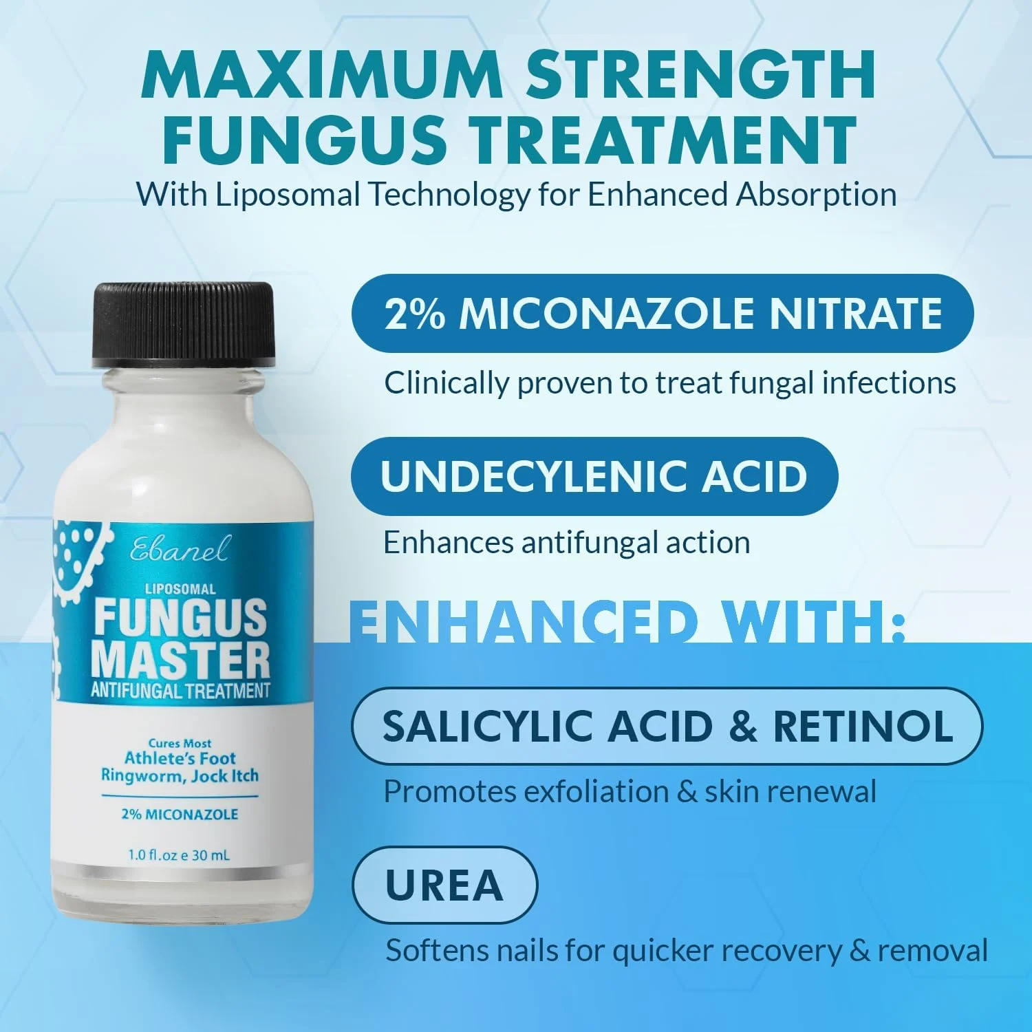 کرم درمان قارچ پای ورزشکاران ابنل، قدرت فوق العاده، کرم ضد قارچ حاوی میکونازول، آندسیلنیک اسید، روغن درخت چای، درمان قارچ های پوستی که منجر به قارچ ناخن پا می شوند، تقویت رشد ناخن سالم و جدید