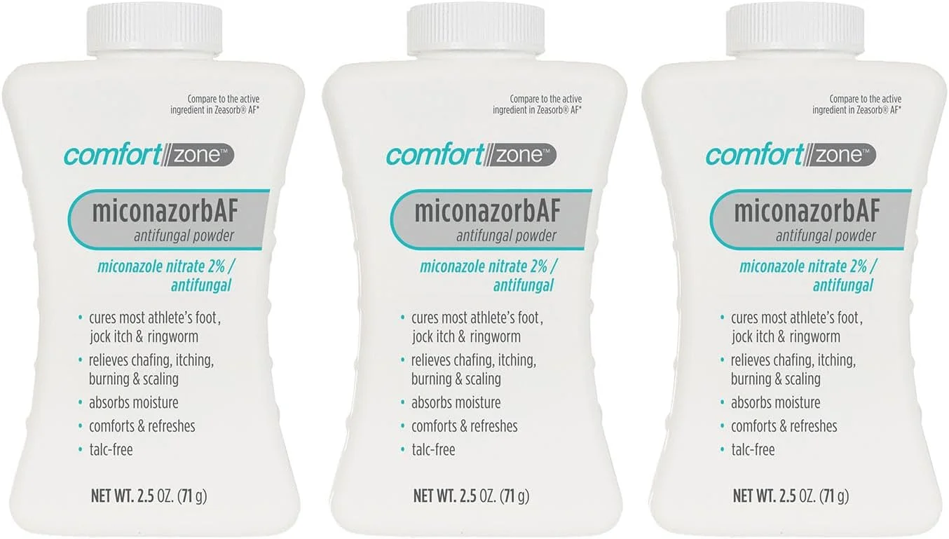 پودر ضد قارچ مایکونازورب کامفورت زون، بدون تالک، میکونازول نیترات 2%، برای درمان پای ورزشکاران، خارش کشاله ران و قارچ حلقوی، 71 گرم (بسته 3 عددی)