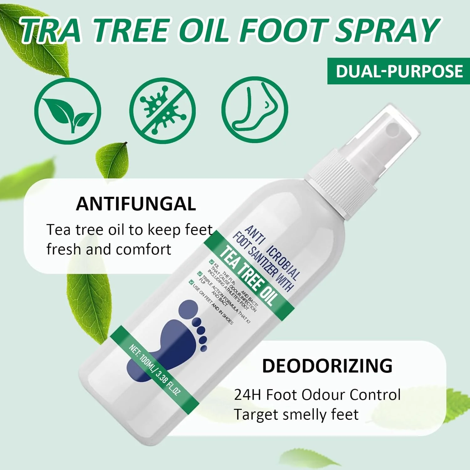 اسپری پای ورزشکار حاوی روغن درخت چای - اسپری ضد قارچ طبیعی - خوشبو کننده پا برای بوی بد پا و کفش - مرطوب کننده و طراوت بخش برای ورزشکاران و کارگران
