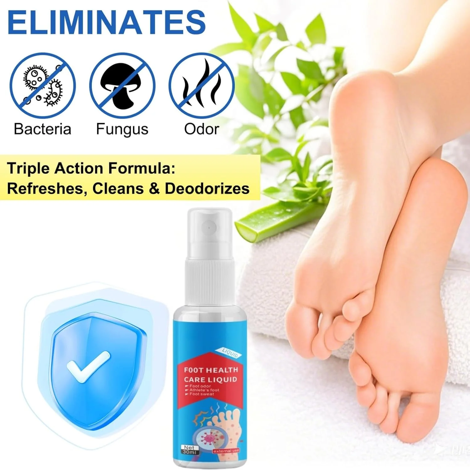 اسپری پای ورزشکاران 30 میلی لیتر، اسپری درمان ضد قارچی پای ورزشکاران برای رفع خارش پا و بو، مایع مراقبت از سلامت پا، خوشبو کننده موثر پا و طراوت بخش کفش، فرمول طبیعی برای مردان و زنان