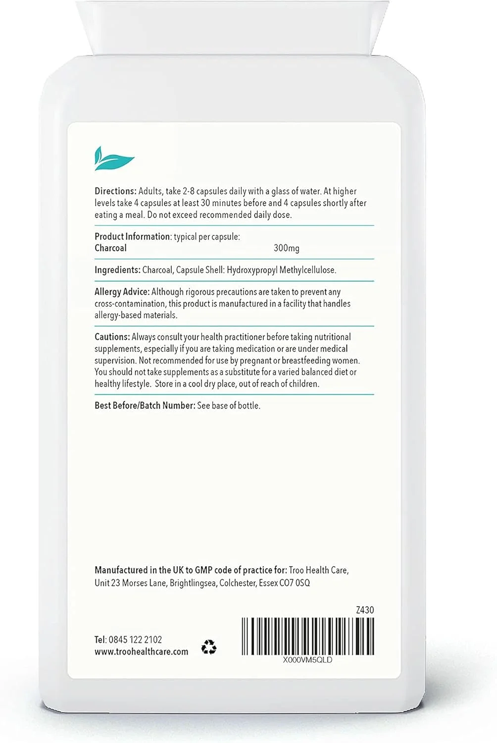 مکمل زغال فعال (300 میلی گرم) - 120 کپسول | فعال شده با بخار از نارگیل | کمک به کاهش نفخ بیش از حد | تولید شده در انگلستان مطابق با استانداردهای GMP