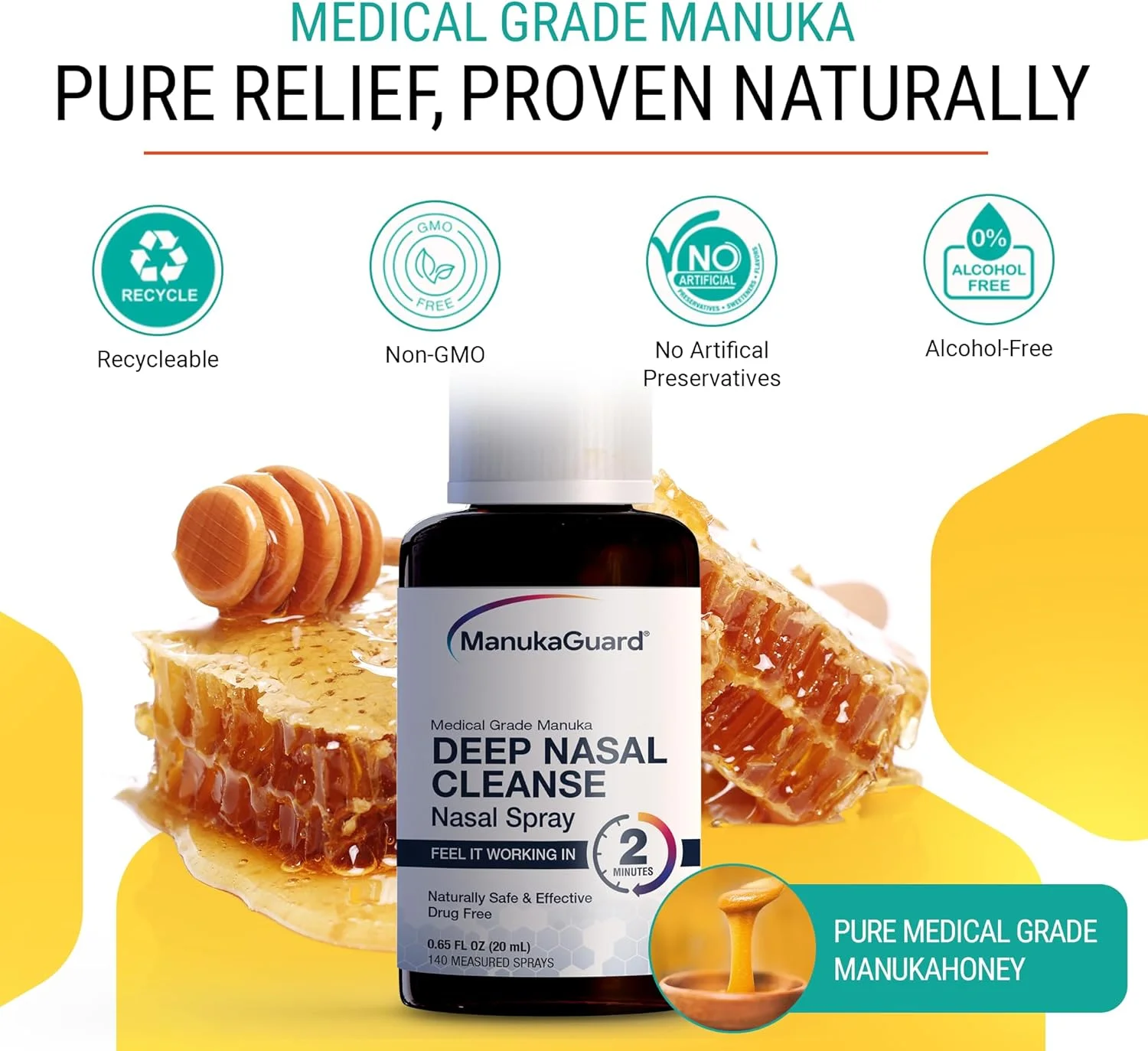 اسپری بینی طبیعی مانیوکا گارد با عسل مانیوکا گرید پزشکی و محلول نمکی برای رفع گرفتگی، تسکین سینوس و آلرژی، مرطوب کننده بینی، عسل نیوزیلند، MGO 600، بطری 0.65 fl oz