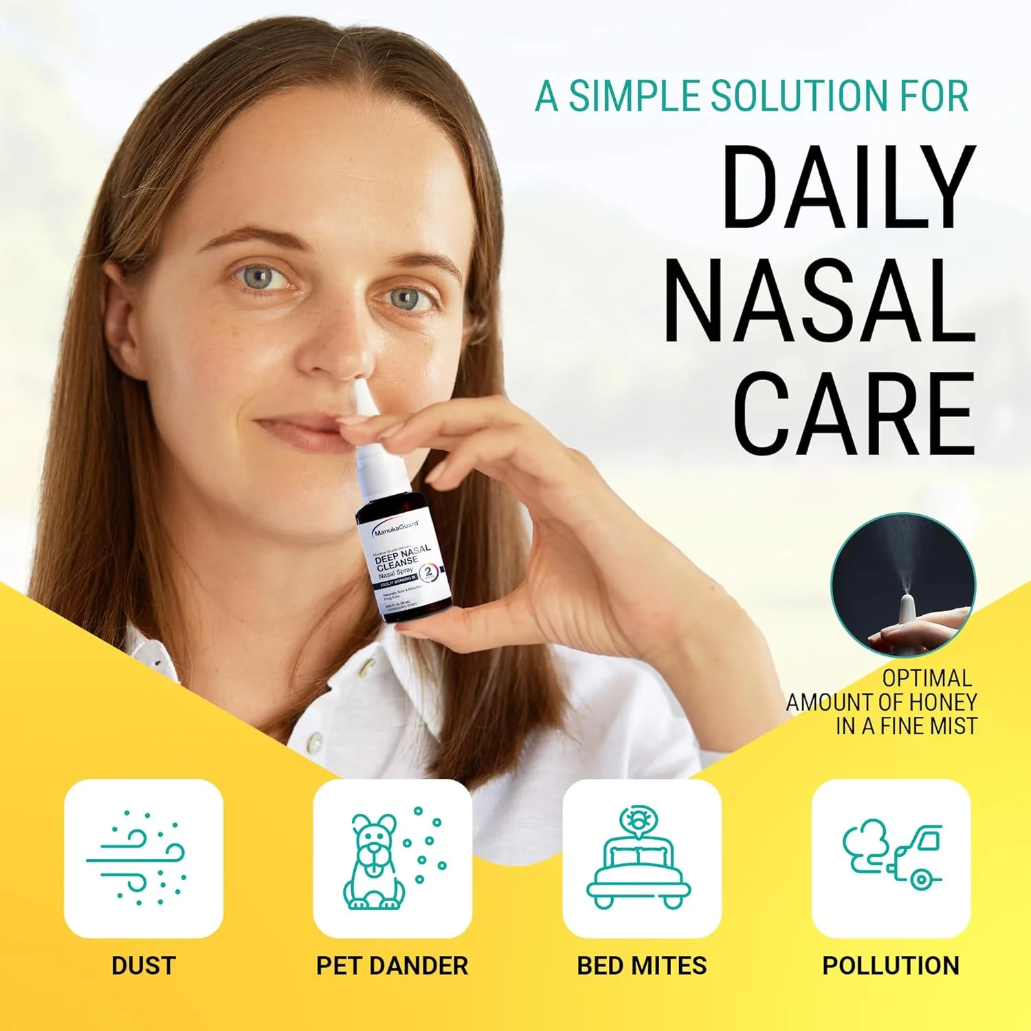 اسپری بینی طبیعی مانیوکا گارد با عسل مانیوکا گرید پزشکی و محلول نمکی برای رفع گرفتگی، تسکین سینوس و آلرژی، مرطوب کننده بینی، عسل نیوزیلند، MGO 600، بطری 0.65 fl oz