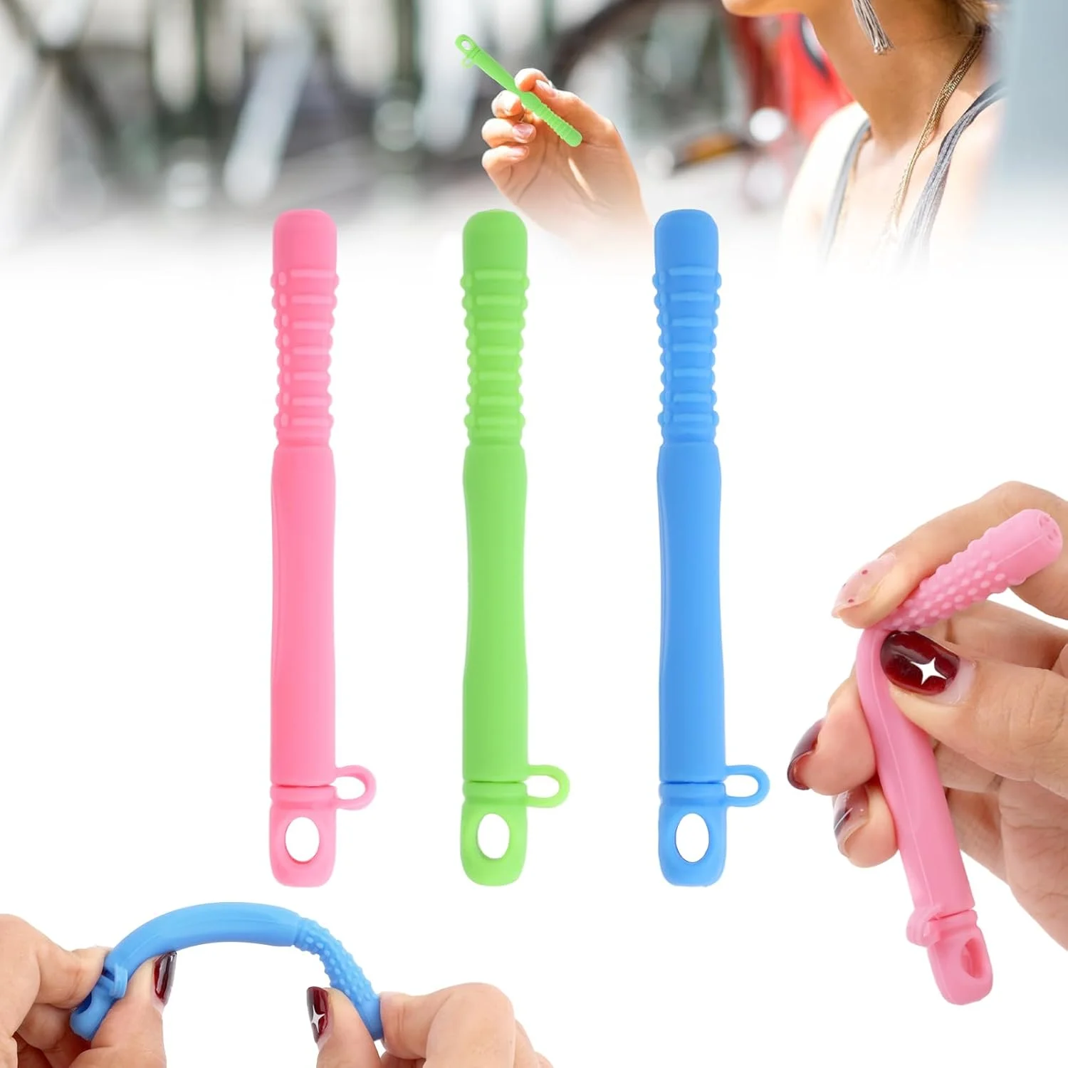 3 عدد چوب تنفسی جویدنی، چوب تنفسی جویدنی سیلیکونی قابل حمل با روغن های اساسی برای بهبود تمرکز و عادت جویدن قلم در حال حرکت (صورتی، آبی، سبز)