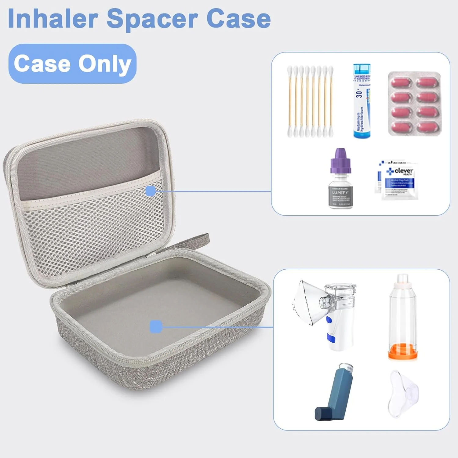 کیف حمل سخت برای اسپری آسم، کیف نگهدارنده اسپری برای کودکان و بزرگسالان، ماسک ها، کیف لوازم جانبی آسم با جیب توری برای دارو و سایر لوازم جانبی، خاکستری (فقط کیف)