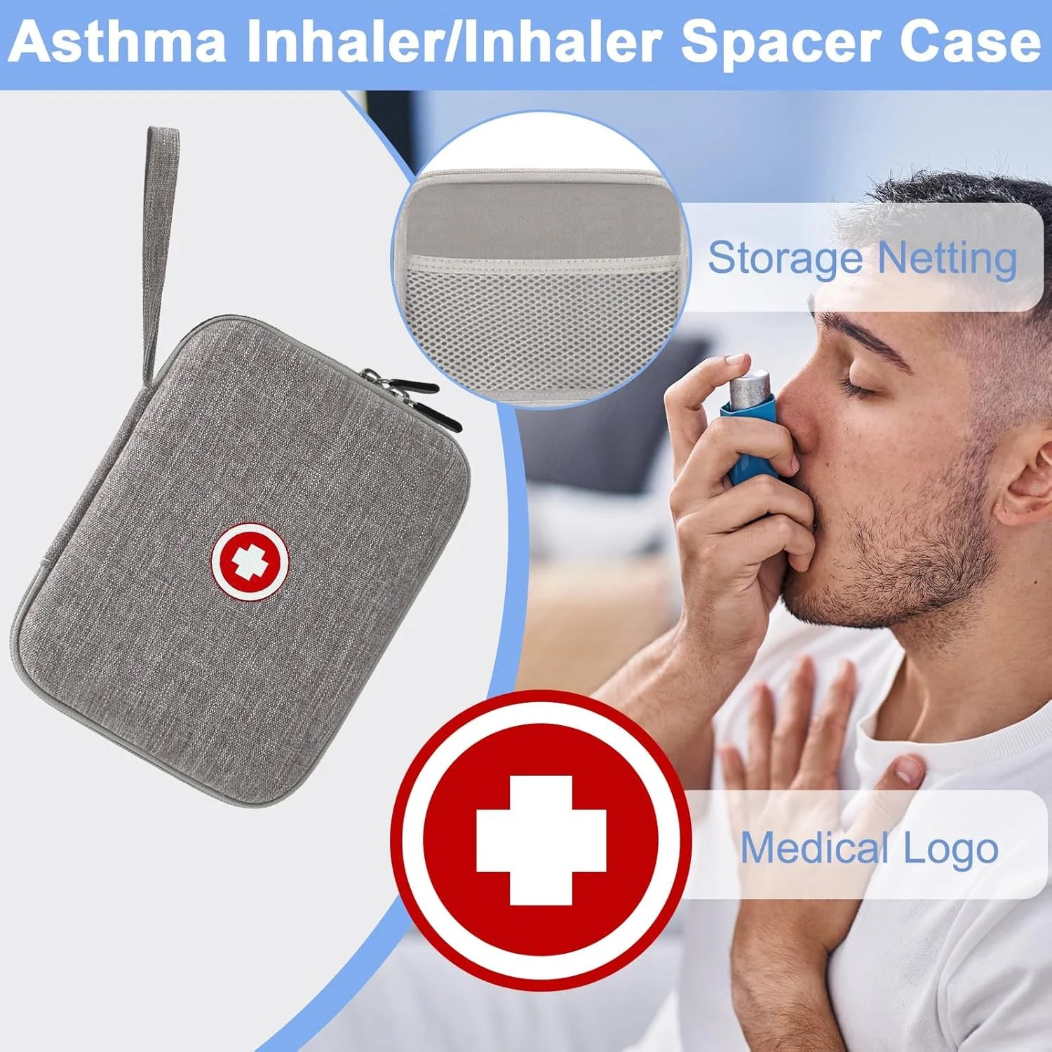 کیف حمل سخت برای اسپری آسم، کیف نگهدارنده اسپری برای کودکان و بزرگسالان، ماسک ها، کیف لوازم جانبی آسم با جیب توری برای دارو و سایر لوازم جانبی، خاکستری (فقط کیف)