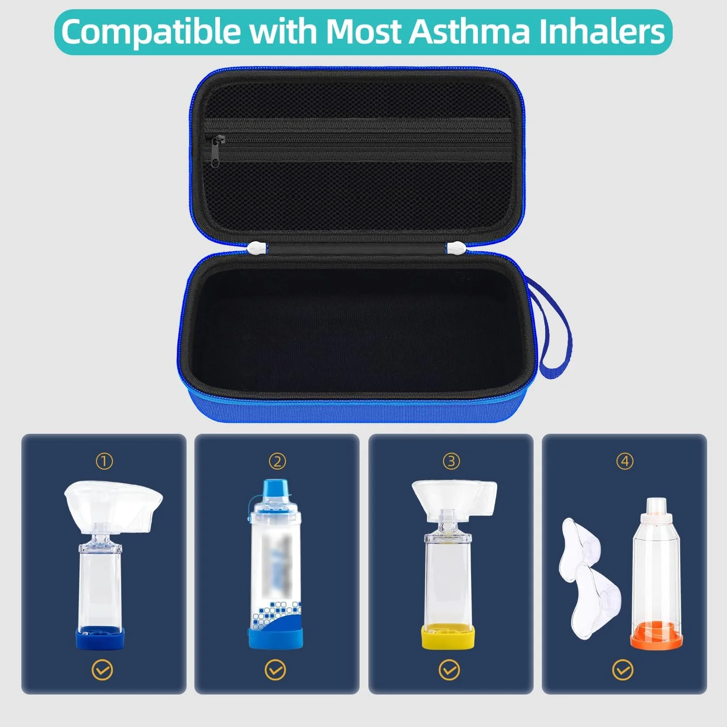 کیف حمل سخت برای دستگاه استنشاقی آسم، محفظه استنشاقی برای کودکان و بزرگسالان، ماسک، نگهدارنده استنشاقی آسم، کیف حمل قابل حمل، سازمان دهنده ذخیره سازی با جیب توری برای دارو، آبی (فقط کیف)