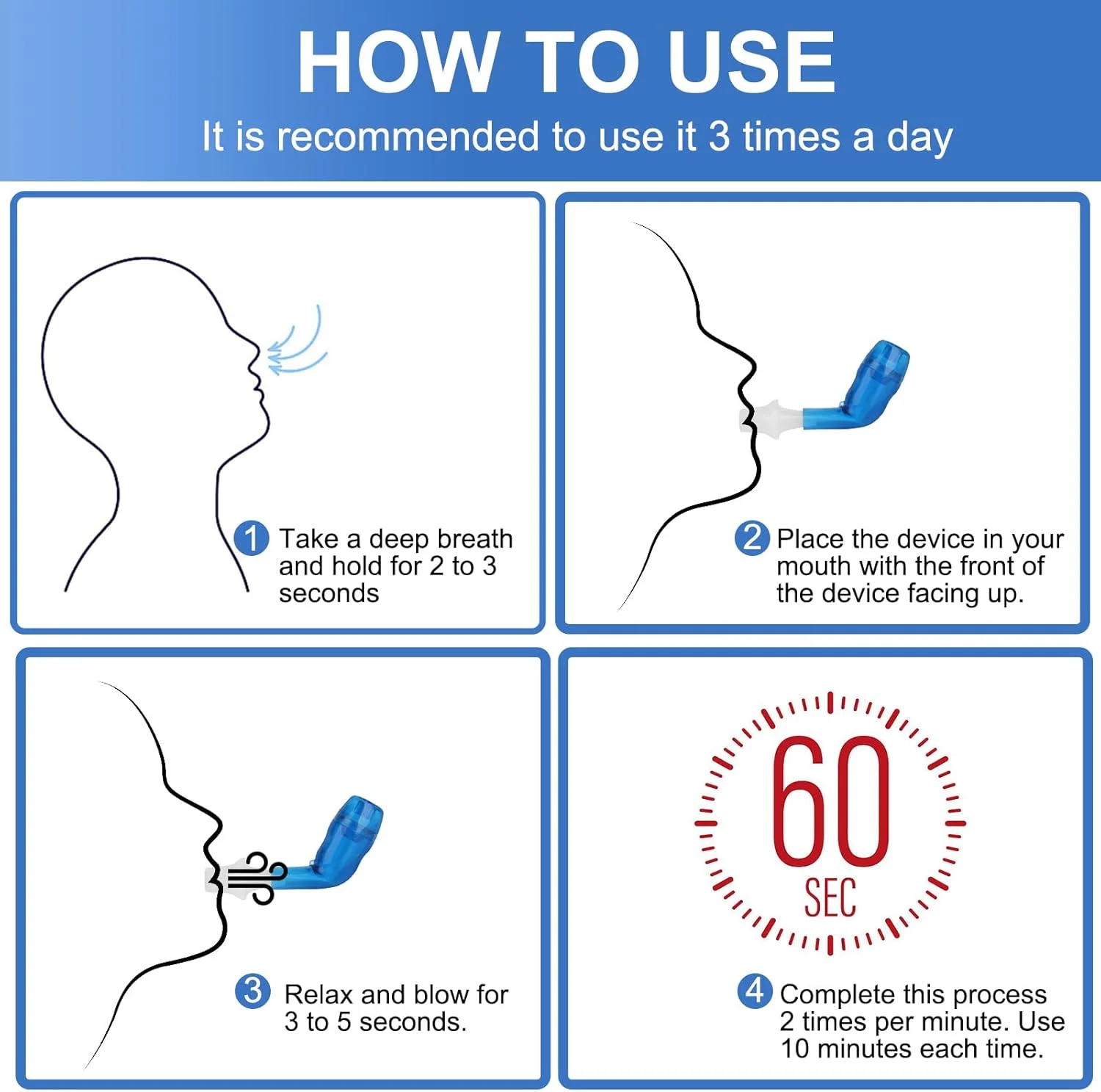 دستگاه تمرین تنفسی برای ریه ها، دستگاه انبساط ریه و رفع مخاط، تمرین دهنده تنفسی بازدمی قابل حمل با مجموعه ای از لوازم جانبی، تمرین دهنده تنفس برای پاکسازی ریه (آبی)