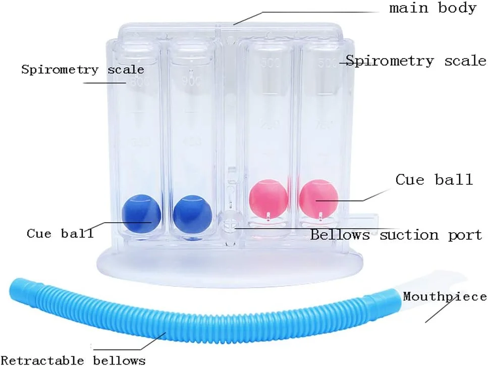 دستگاه تمرین اسپیرومتری چهار توپی برای تمرین عملکرد ریه سالمندان، دستگاه تمرین تنفسی، تستر عملکرد ریه، دستگاه تنفسی توانبخشی (رنگ: دستگاه تنفسی + لوله یدکی + دهانی)