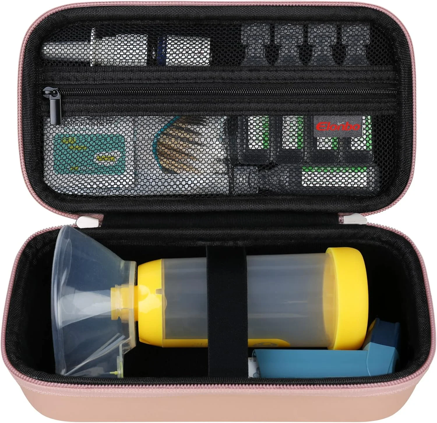 کیف حمل اینهالر Elonbo، مناسب برای کودکان و بزرگسالان، ماسک ها، کیف نگهداری و سازماندهی داروی آسم، دارای جیب برای دارو، رزگلد. (فقط کیف! اینهالر آسم شامل نمی شود)