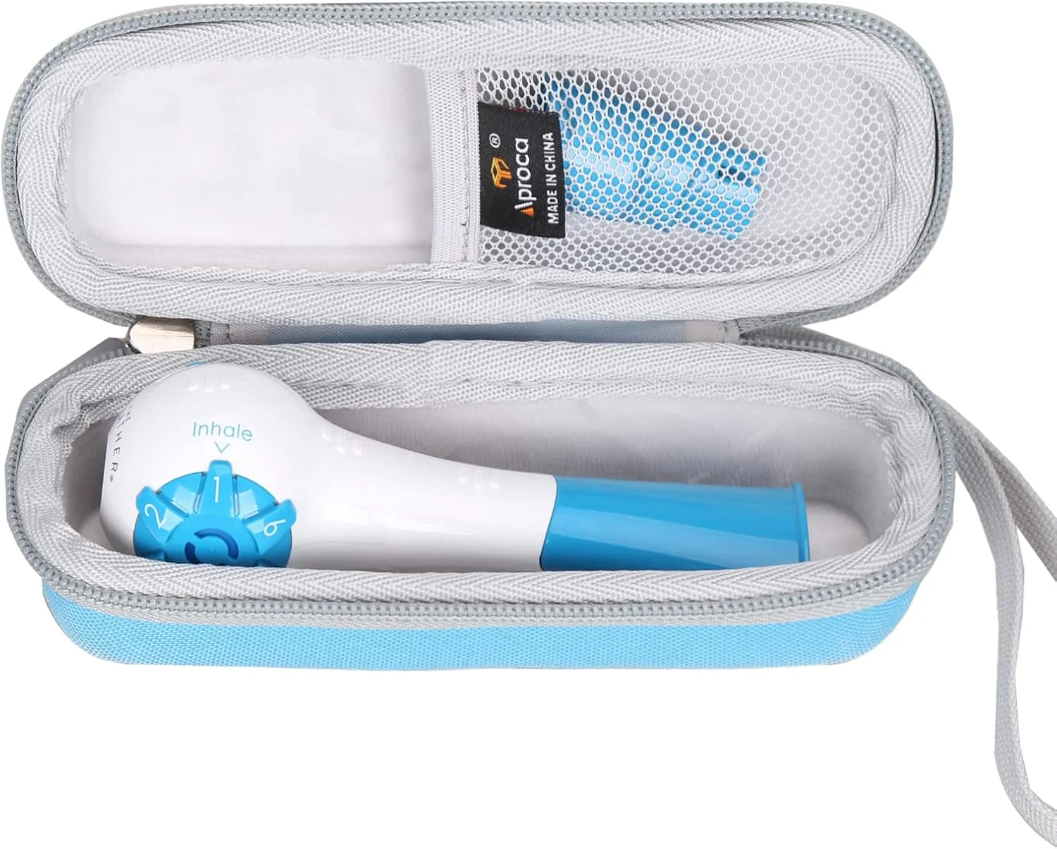 کیف سخت حمل آبی رنگ آپروکا، برای تمرین دهنده عضلات تنفسی دم و بازدم