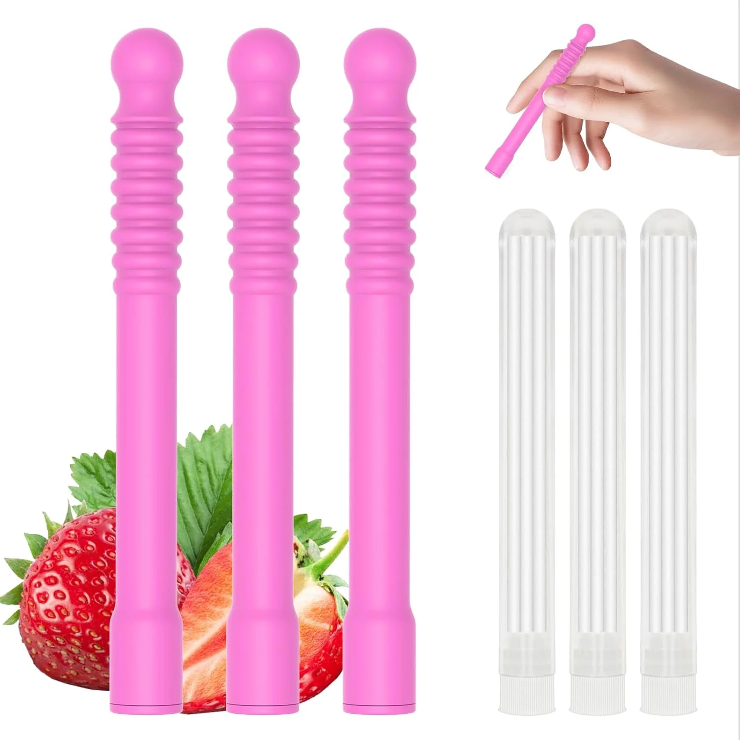 3 عدد چوب تنفسی جویدنی با طعم توت فرنگی حاوی روغن های اساسی، چوب جویدنی با 9 هسته یدکی ضخیم تر برای طراوت طولانی مدت، ابزار حسی دهانی با رایحه آدامس بادکنکی برای حمایت از عادت