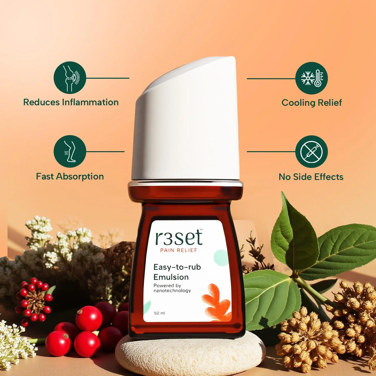 امولسیون تسکین درد طبیعی R3SET رولی 50 میلی لیتر | بهترین برای درد عضلات، کمر درد، زانو درد، گردن درد، درد عصبی، درد مفاصل | 100% طبیعی | بهبود قابل مشاهده در 7 روز