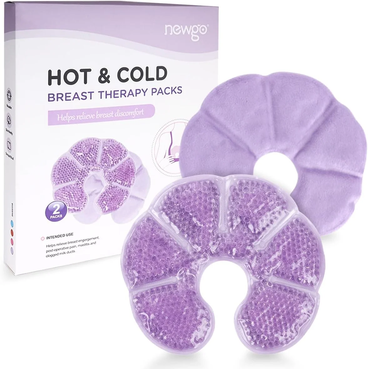 پد ژلی خنک کننده سینه NEWGO، بسته 2 عددی، پد درمانی گرم و سرد سینه با پوشش پارچه ای راحت برای تسکین درد ناشی از شیردهی، التهاب پستان، احتقان - بنفش