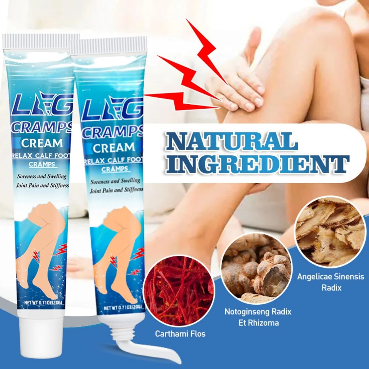 پماد گرفتگی عضلات پا - تسکین هدفمند برای گرفتگی، درد و درد مفاصل - افزایش گردش خون و کاهش تورم - مواد طبیعی - استفاده آسان - 20 گرم برای تسکین در حرکت