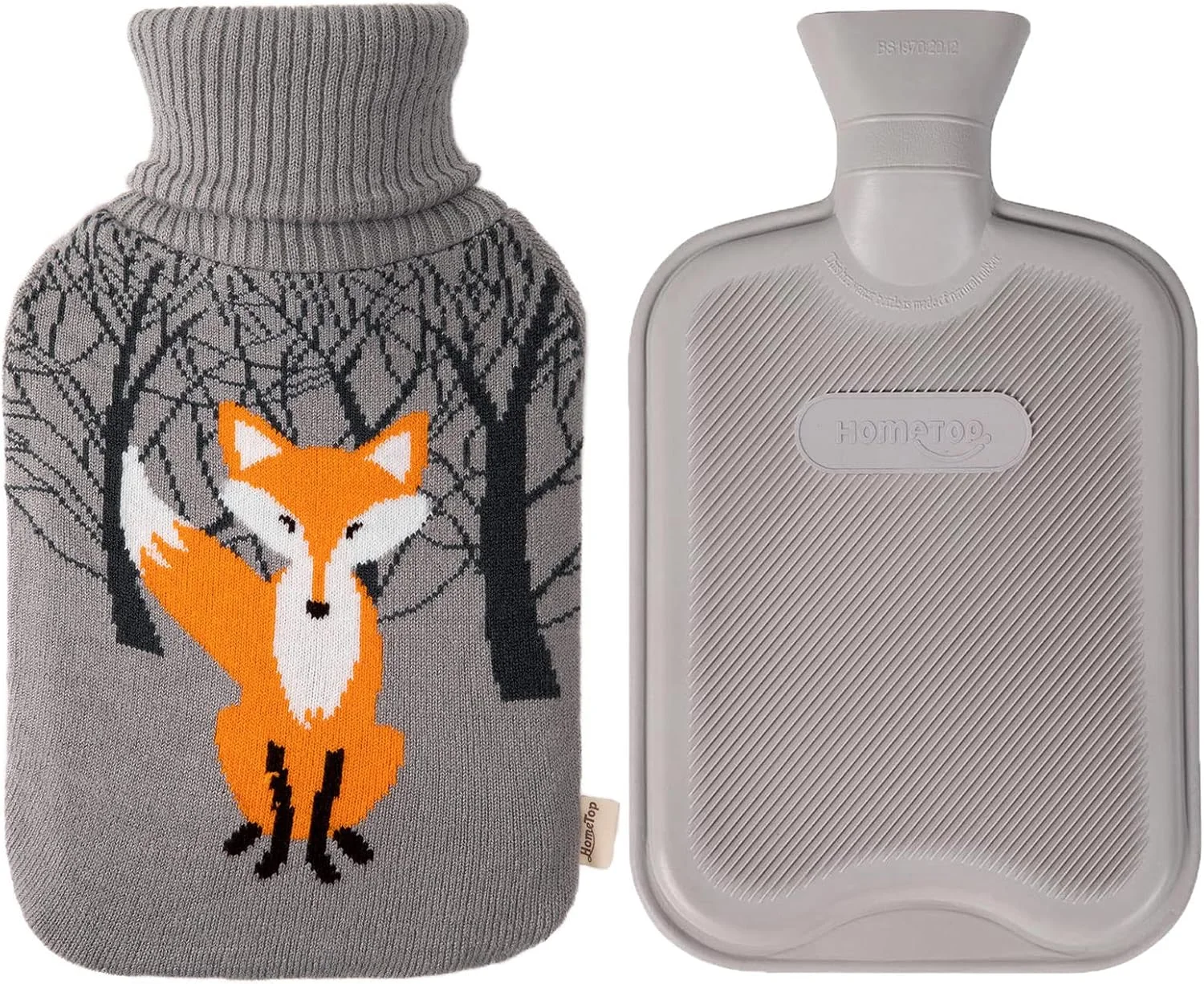 کیسه آب گرم لاستیکی کلاسیک ممتاز HomeTop با روکش بافتنی زیبا (2 لیتری، خاکستری)