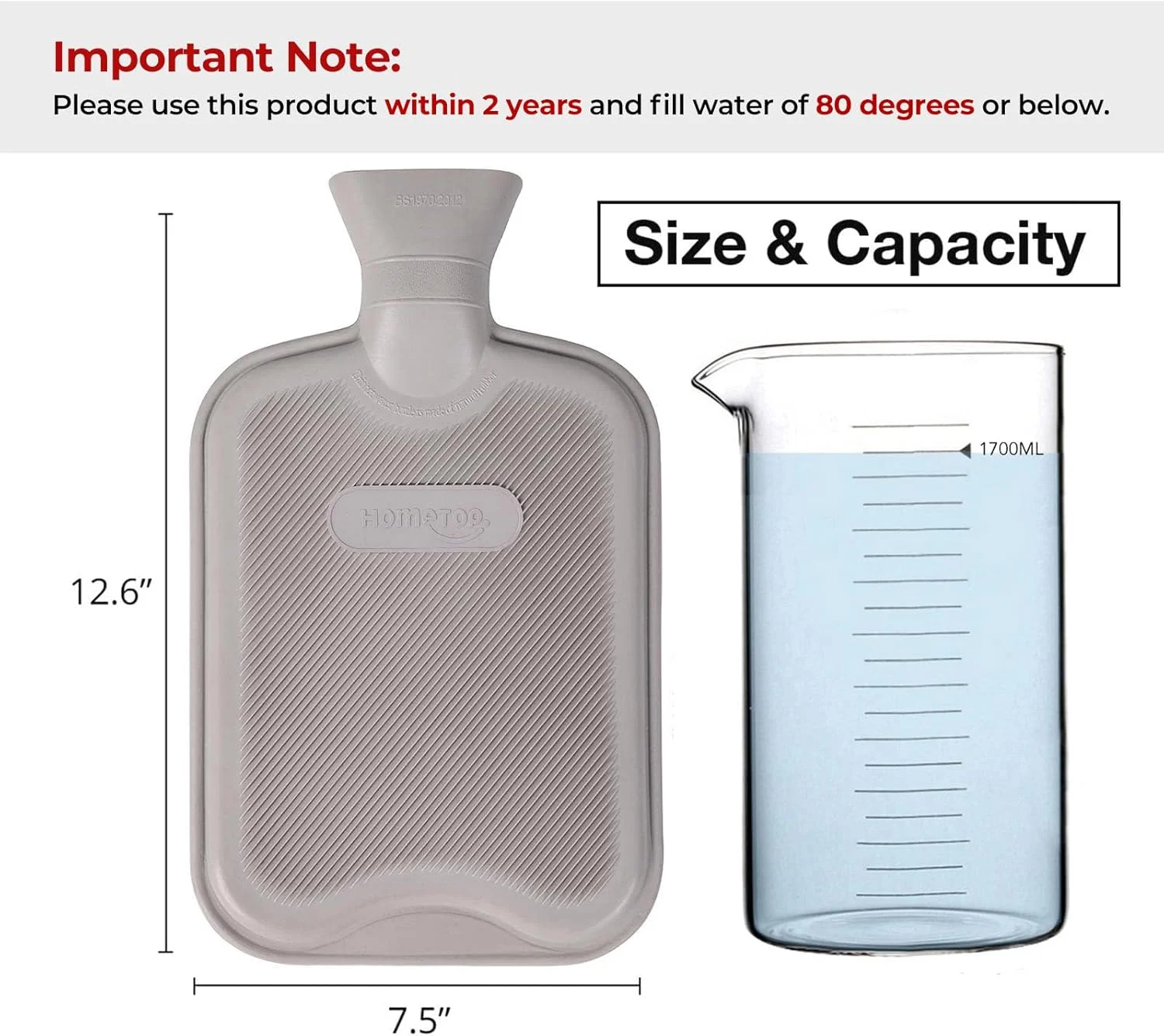 کیسه آب گرم لاستیکی کلاسیک ممتاز HomeTop با روکش بافتنی زیبا (2 لیتری، خاکستری)