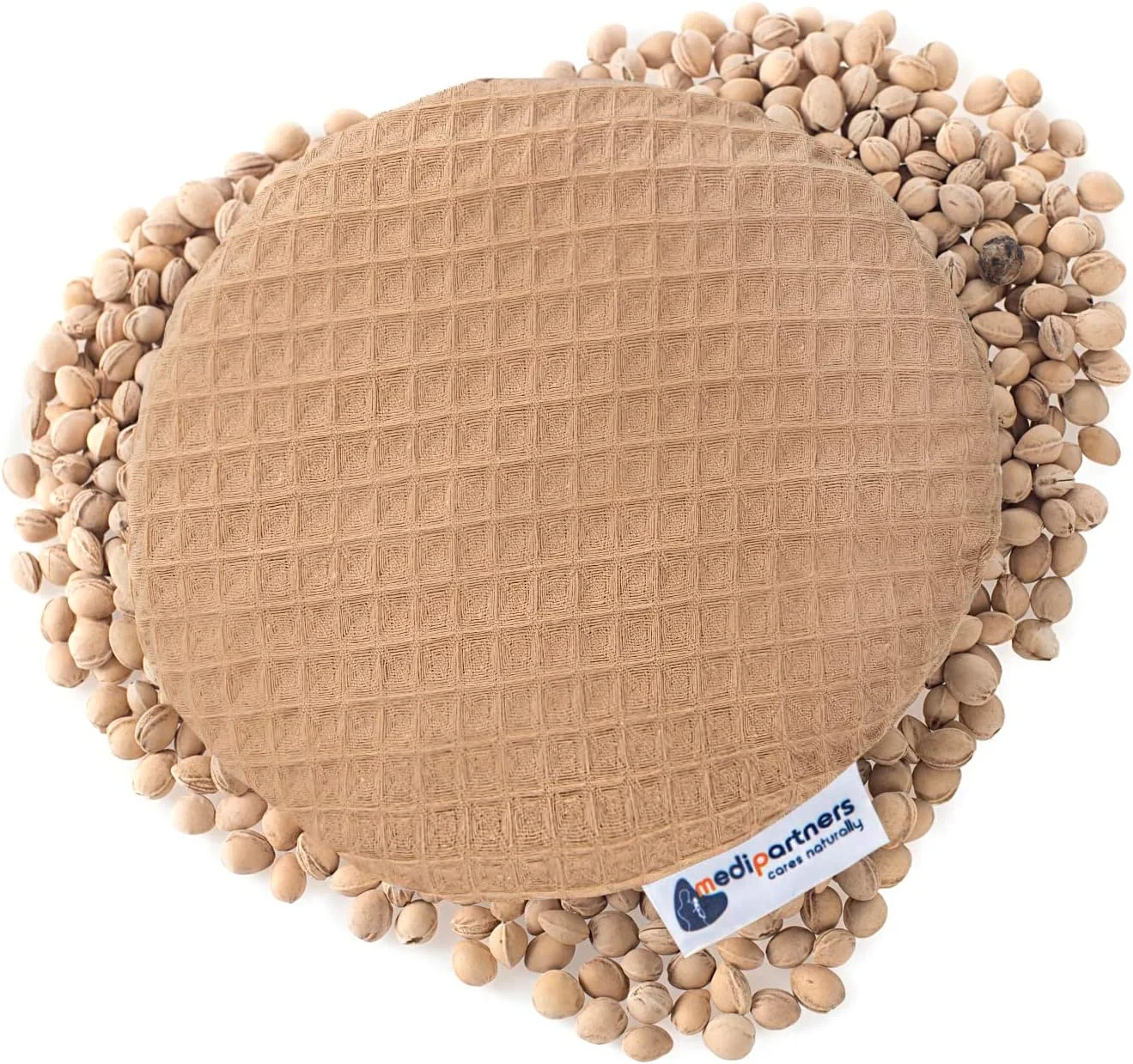 بالشتک گرمایشی هسته گیلاس کودک 180 گرمی گرد 15 سانتی متری 100% پنبه ای وافل طبیعی مدی پارتنرز گرما + سرما درمانی (قهوه ای)