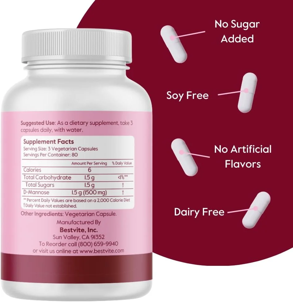 بست ویت دی-مانوز 500 میلی گرم (240 کپسول گیاهی) - بدون استئارات - بدون پرکننده - وگان - غیر GMO - بدون گلوتن - سلامت دستگاه ادراری