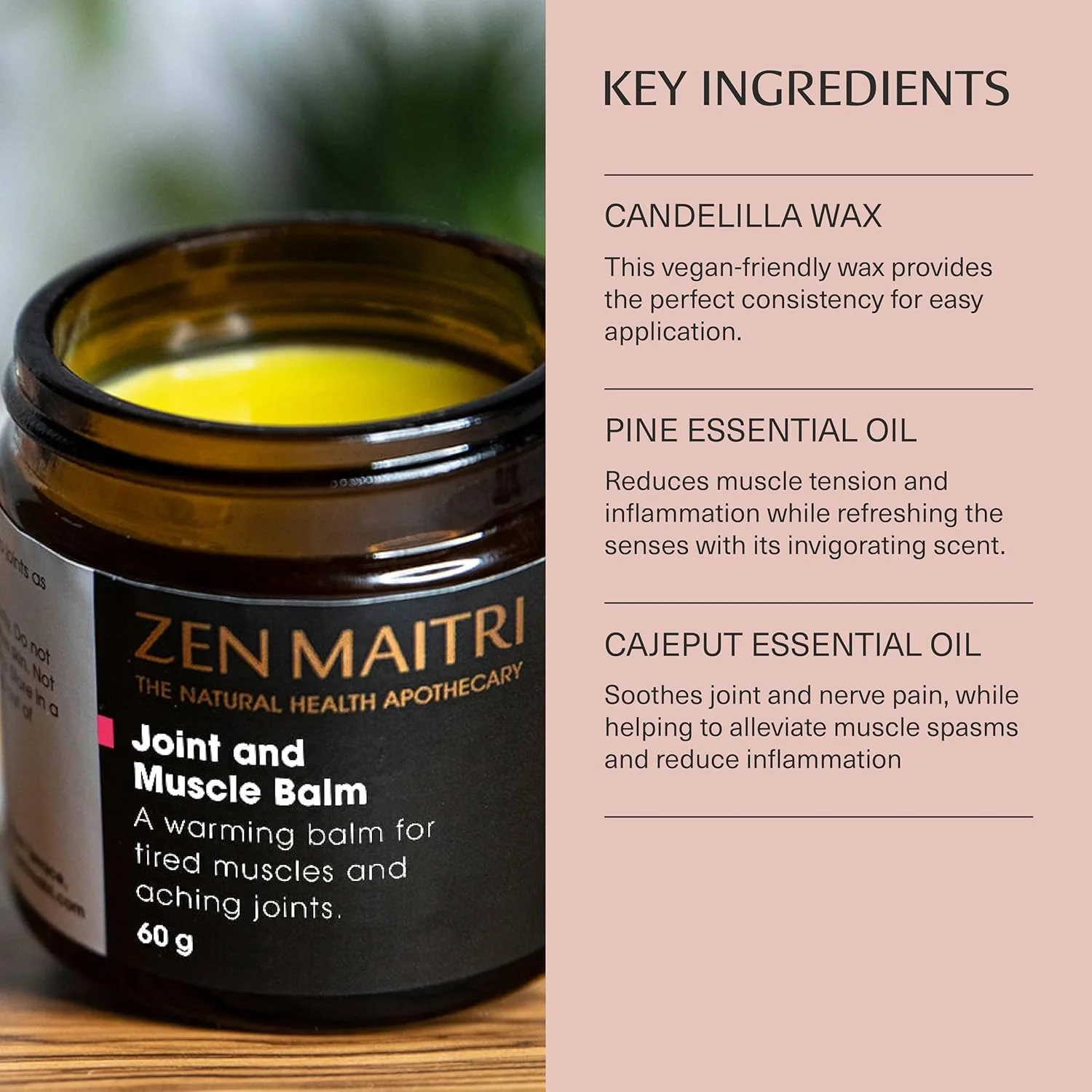 بالم تسکین دهنده مفاصل و عضلات اکتیو، ترمیم کننده عضلات و مفاصل، پشتیبانی زانو برای دوندگان، مواد تشکیل دهنده طبیعی و گیاهی | بالم مفاصل و عضلات Zen Maitri (60 گرم)