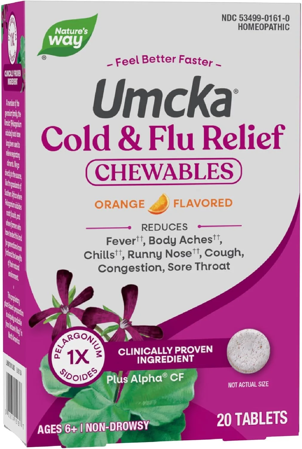 Nature's Way - Umcka سرماخوردگی + آنفولانزا پرتقالی 20 قرص جویدنی