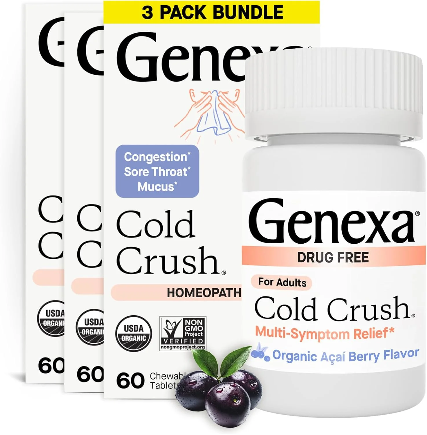 Genexa Cold Crush | تسکین دهنده چند علامتی سرماخوردگی و سرفه برای بزرگسالان | طعم خوشمزه آکای بری ارگانیک | دارای گواهی ارگانیک و غیر GMO | درمان هومیوپاتی تمیز | 180 قرص جویدنی (بسته 3 عددی)