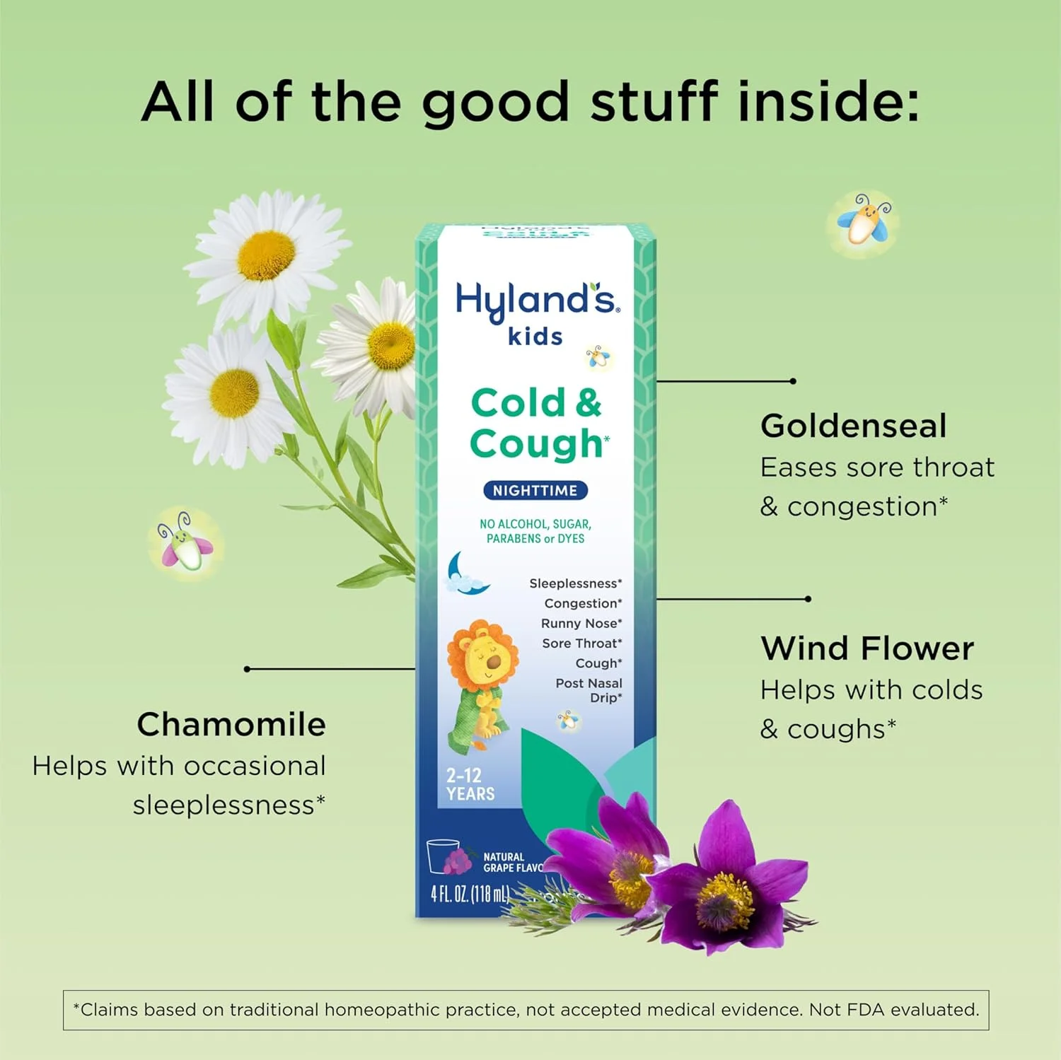 شربت سرفه و سرماخوردگی کودکان هایلندز نچرالز، طعم انگور، مناسب برای کودکان 2 سال به بالا، رفع احتقان، تسکین گلودرد، آلرژی و بی خوابی ناشی از علائم سرماخوردگی، 118 میلی لیتر