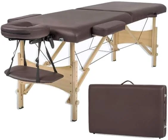 تخت ماساژ پرتابل حرفه ای RELANDIN، ابعاد 180x70 سانتی متر، تاشو دو قسمتی، مناسب اسپا با قاب چوبی، روکش چرمی با کوسن ضخیم، ارتفاع قابل تنظیم، دارای کیف حمل، مناسب برای صورت و تاتو (قهوه ای)