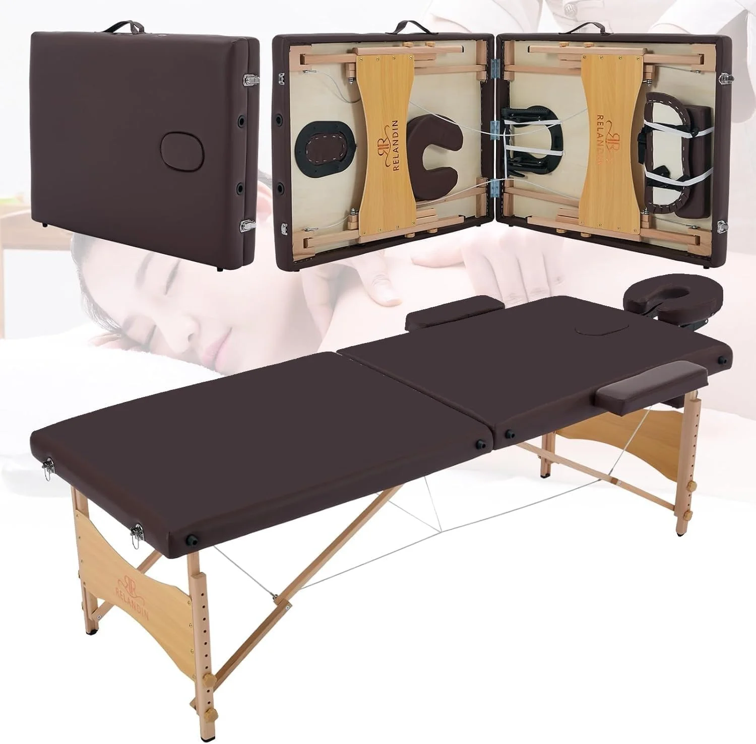 تخت ماساژ حرفه ای، 180x80 سانتی متر، ارتفاع قابل تنظیم، قاب چوبی، تخت تاشو با کیف حمل، مشکی (01، 2 تاشو)